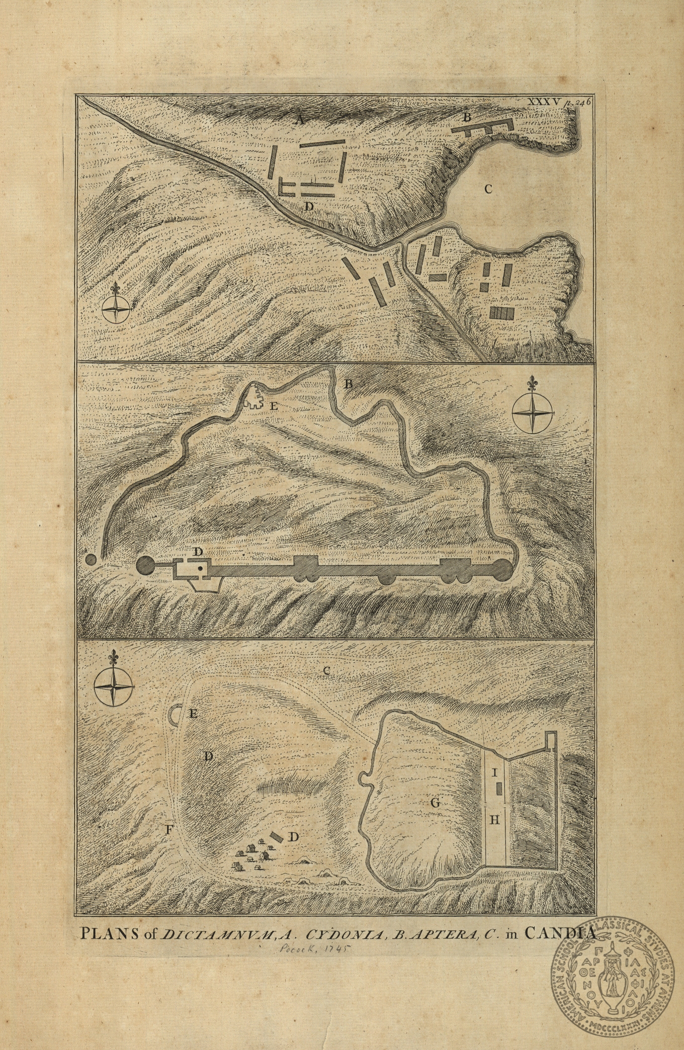 Plans of Dictamnum, A. Cydonia, B. Aptera, C. In Candia.